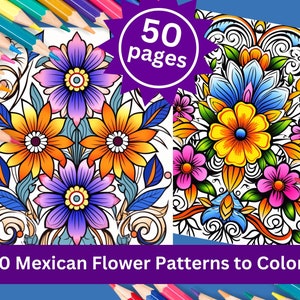 Mexican flower pattern coloring pages | adult coloring book | 50 digital coloring sheets | printable pdf & jpg download