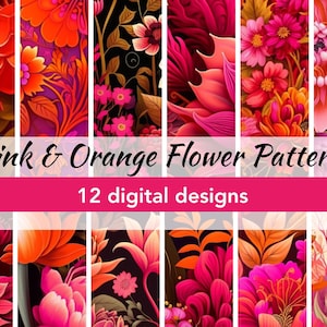 May include: A digital download of 12 pink and orange flower patterns. The patterns are seamless and can be used for a variety of projects, such as fabric, wallpaper, and scrapbooking.