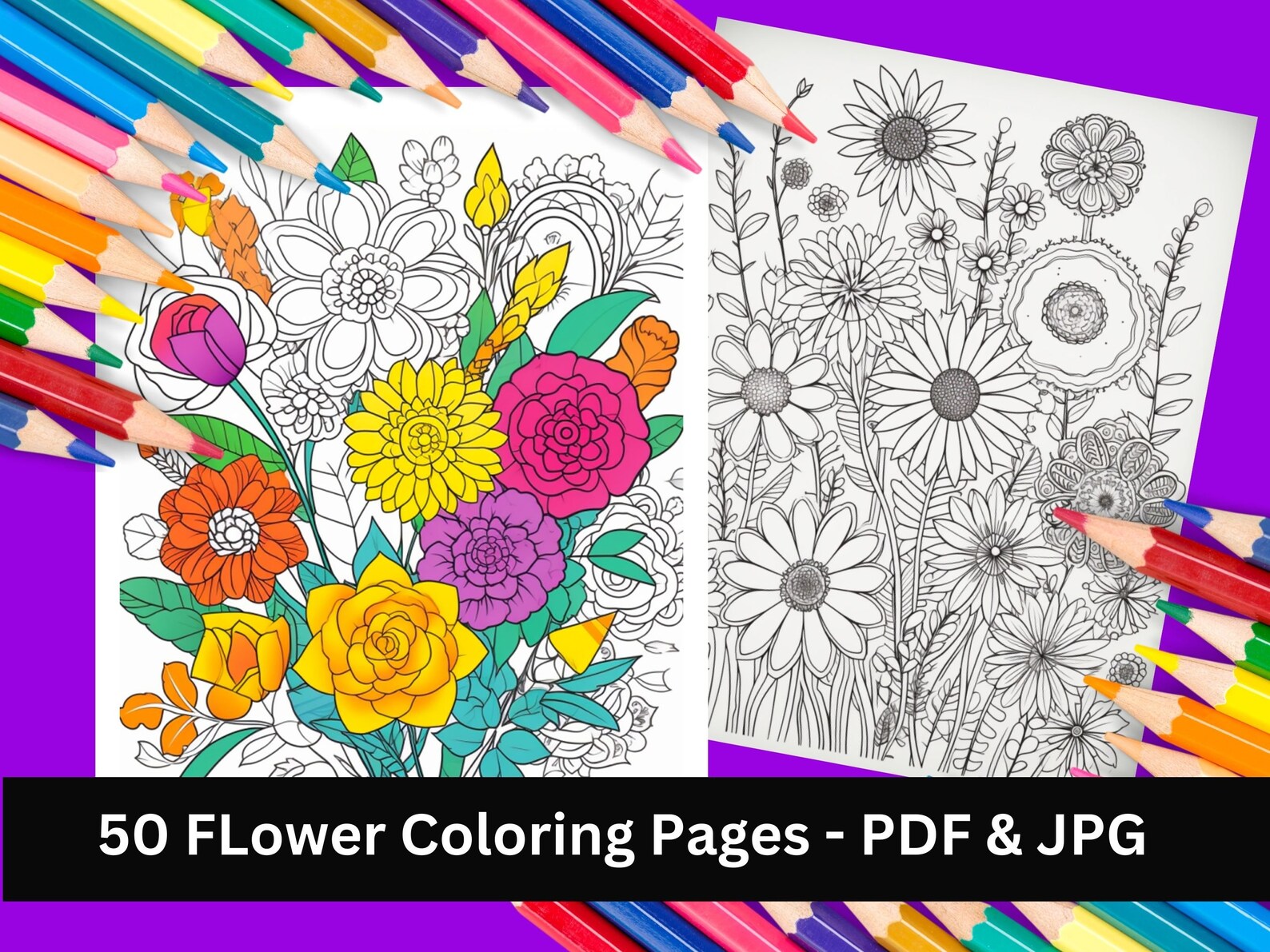 Printable Flower Coloring Pages Adult Coloring Book Pages - Etsy