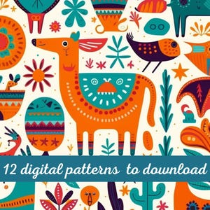 May include: A set of 12 digital patterns featuring colorful, whimsical illustrations of animals, plants, and geometric shapes. The patterns are perfect for creating unique and eye-catching designs for fabric, wallpaper, and other projects.