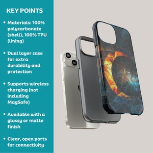 May include: A phone case with a geometric pattern in shades of blue, orange, and yellow. The case is made of two layers, polycarbonate and TPU, and supports wireless charging. It is available in a glossy or matte finish.