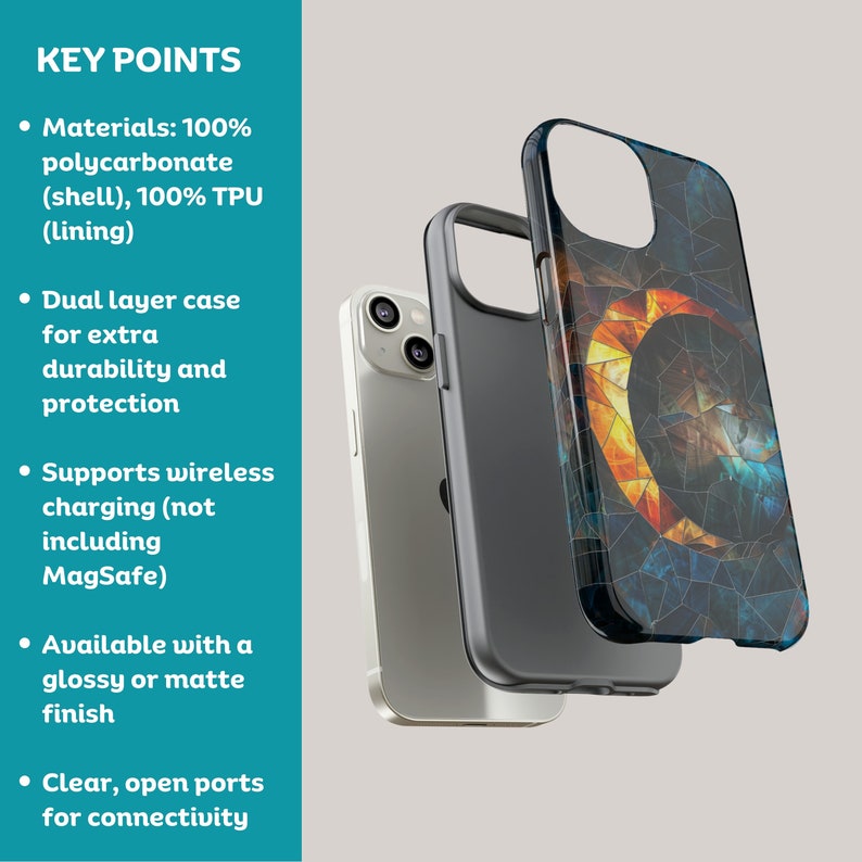 May include: A phone case with a geometric pattern in shades of blue, orange, and yellow. The case is made of two layers, polycarbonate and TPU, and supports wireless charging. It is available in a glossy or matte finish.