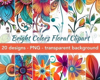 Colorful floral clipart, 20 digital images of flowers, png files with transparent background