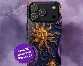 Gold Sun iPhone Case: Celestial Purple Waves - Double Layer, Faux 3D, Compatible with iPhone 14-17 Models