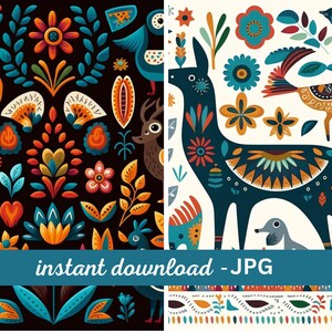 May include: Two seamless patterns featuring colorful folk art style animals and floral designs. One pattern has a dark background and the other has a white background.