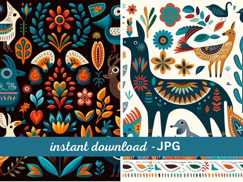 May include: Two seamless patterns featuring colorful folk art style animals and floral designs. One pattern has a dark background and the other has a white background.