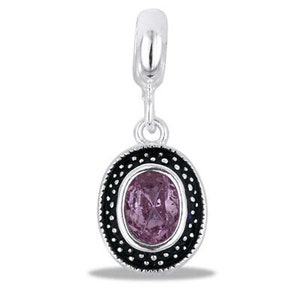 May include: A silver charm with a black oval frame and a purple gemstone in the center.