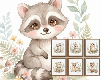 Wald Kinderzimmer Drucke Set von 6, Baby Tier Wandkunst, Wald Kinderzimmer Dekor, rustikale Waldtiere, Boho Kinderzimmer, digitaler Download