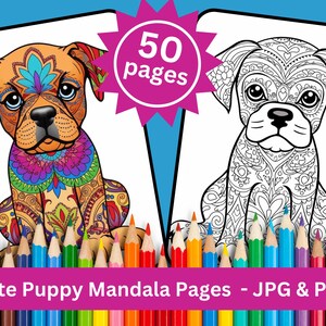 Cute Puppy Mandala Coloring Book Pages 50 Printable PDF & JPG Instant Download Sheets