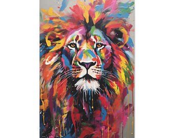 Abstract Lion Portrait Canvas: Vibrant Colorful Artwork - Premium Cotton, Indoor Decor, Multiple Size Options