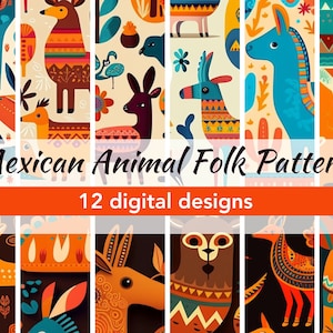 Mexican Folk Art Patterns | 12 x 12 Animal Designs | 12 Instant Pattern Downloads | Printable JPG and PDF Files