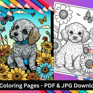 Puppies and Flowers Coloring Book 30  Coloring Pages Printable PDF & JPG Instant Download