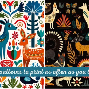 May include: Two seamless patterns featuring colorful, stylized animal and floral designs. The first pattern has a white background with blue, orange, red, and green colors. The second pattern has a black background with white, yellow, orange, and green colors. The text "12 patterns to print as often as you like" is displayed at the bottom of the image.