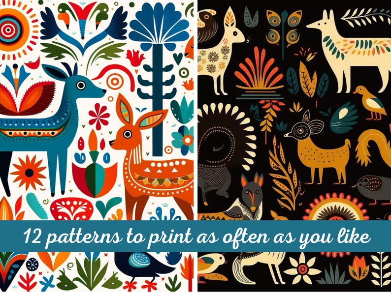 May include: Two seamless patterns featuring colorful, stylized animal and floral designs. The first pattern has a white background with blue, orange, red, and green colors. The second pattern has a black background with white, yellow, orange, and green colors. The text "12 patterns to print as often as you like" is displayed at the bottom of the image.
