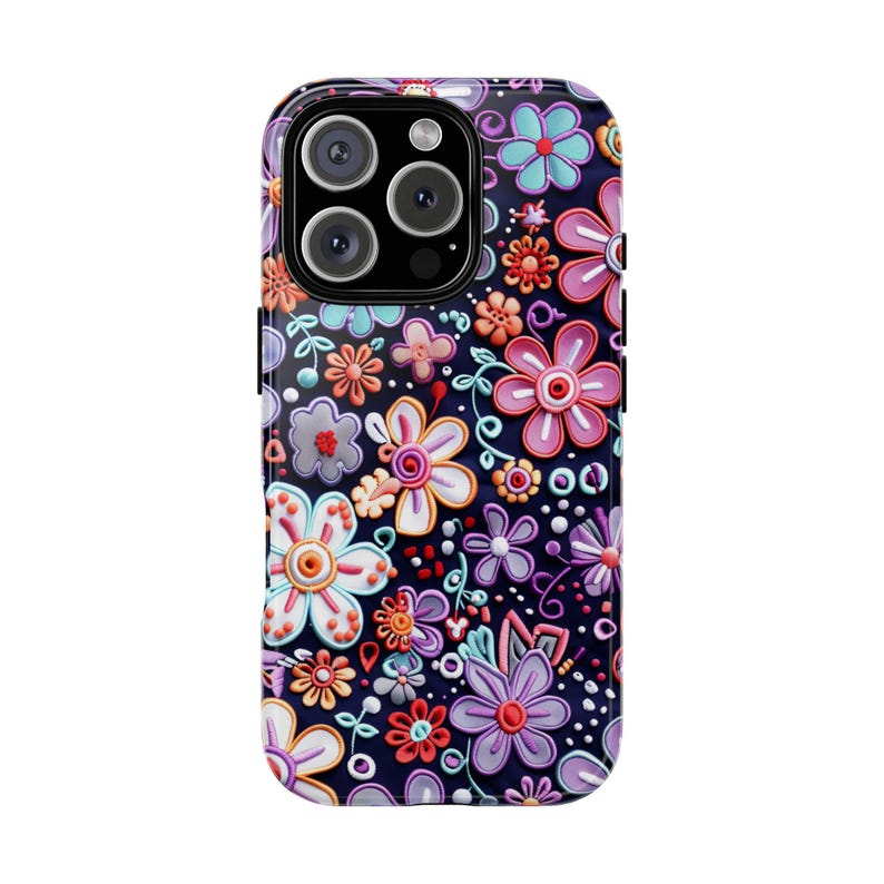 Floral Phone Case Protective Cover: Faux 3D Purple Flowers, Silicone Liner (Shock Resistant, Fits iPhone 14-17 Models) afbeelding 12