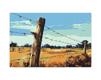 Barbed Wire Fence Landscape Canvas Print | Rustic Farmhouse Wall Art