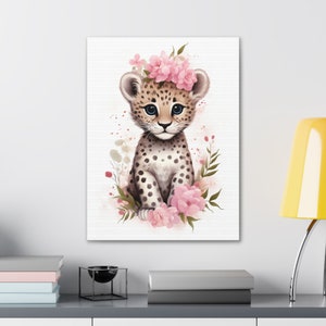 Printed Canvas Baby Leopard & Pink Flowers Children's Wall Art | Canvas ...