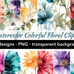 Clipart colorful watercolor flowers, 20 digital images of wild flowers, png files with transparent background