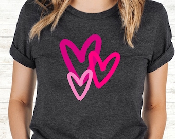 Pink Hearts Valentine's Day T-Shirt: Three Love Hearts Design, Bella Canvas, Soft Cotton | Unisex Fit, Short Sleeve