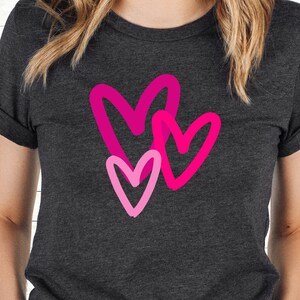 Pink Hearts Happy Valentine&#39;s Day T-Shirt | Sweetheart Tee |  Bella Canvas 3001 Unisex |  Three Love Hearts Short Sleeve Tshirt