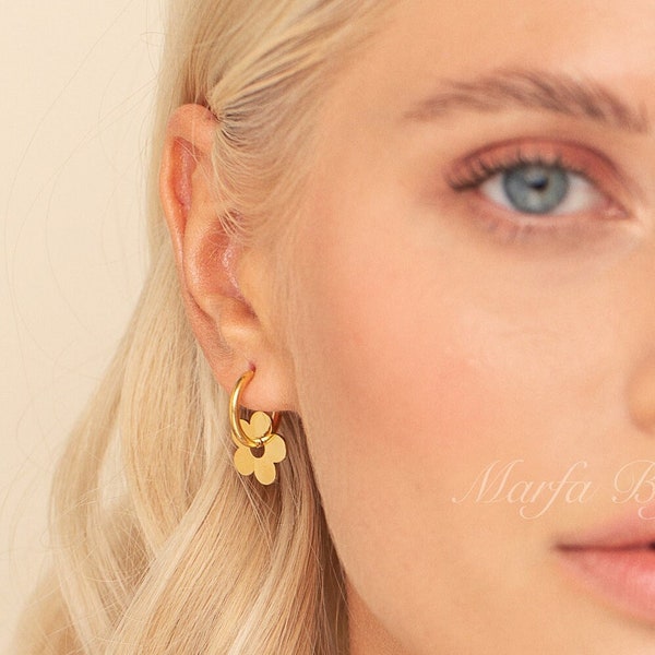 Flower Hoop Earrings • Daisy Flower Earrings  • 18K Gold Plated Earrings • Gift For Her • Flower Drop Earrings • Dainty Earrings • Gift