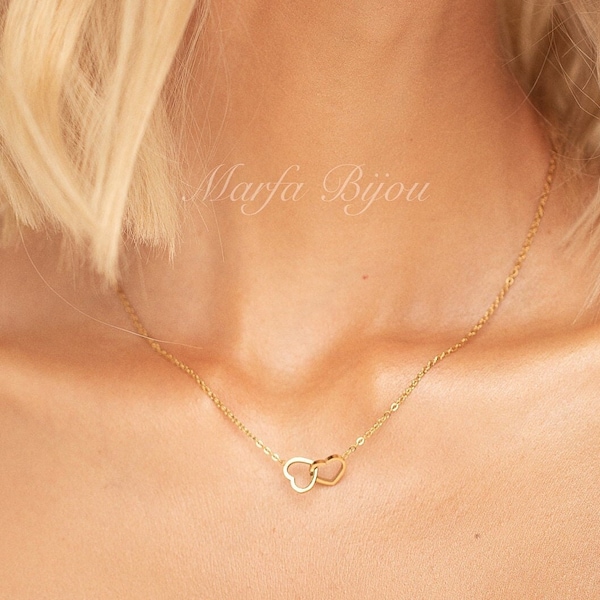 Double Heart Necklace • Intertwined Heart Necklace • Anniversary Gift • Dainty Heart Link Necklace • Minimalist Gold Heart Necklace • Gift