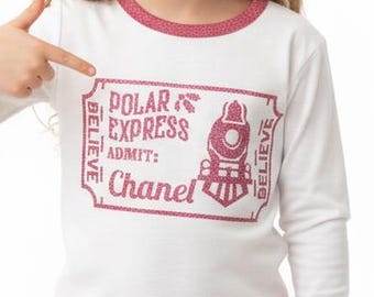Personalized Polar Express “Admit One” Iron-On Decal – Custom Name Christmas Pajamas & Holiday T-Shirts