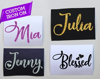 PERSONALISED NAME TEXT Premium Quality GLITTER HOTFIX TRANSFER tshirt IRON ON
