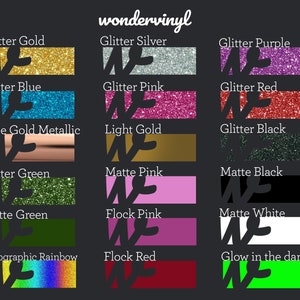 K&ouml;nnte beinhalten: Eine Tabelle mit 16 verschiedenen Vinylfarben, darunter Glitzergold, Glitzer Silber, Glitzer Lila, Glitzer Blau, Glitzer Pink, Glitzer Rot, Ros&eacute;gold Metallic, Hellgold, Glitzer Schwarz, Glitzer Gr&uuml;n, Matt Pink, Matt Schwarz, Matt Gr&uuml;n, Flock Pink, Matt Wei&szlig;, Hologramm Regenbogen, Flock Rot und Leuchtend.