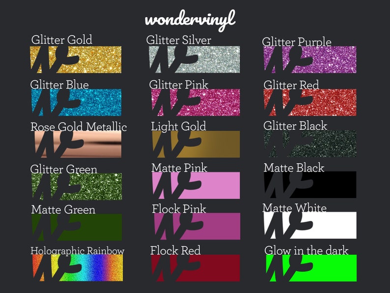 K&ouml;nnte beinhalten: Eine Tabelle mit 16 verschiedenen Vinylfarben, darunter Glitzergold, Glitzer Silber, Glitzer Lila, Glitzer Blau, Glitzer Pink, Glitzer Rot, Ros&eacute;gold Metallic, Hellgold, Glitzer Schwarz, Glitzer Gr&uuml;n, Matt Pink, Matt Schwarz, Matt Gr&uuml;n, Flock Pink, Matt Wei&szlig;, Hologramm Regenbogen, Flock Rot und Leuchtend.