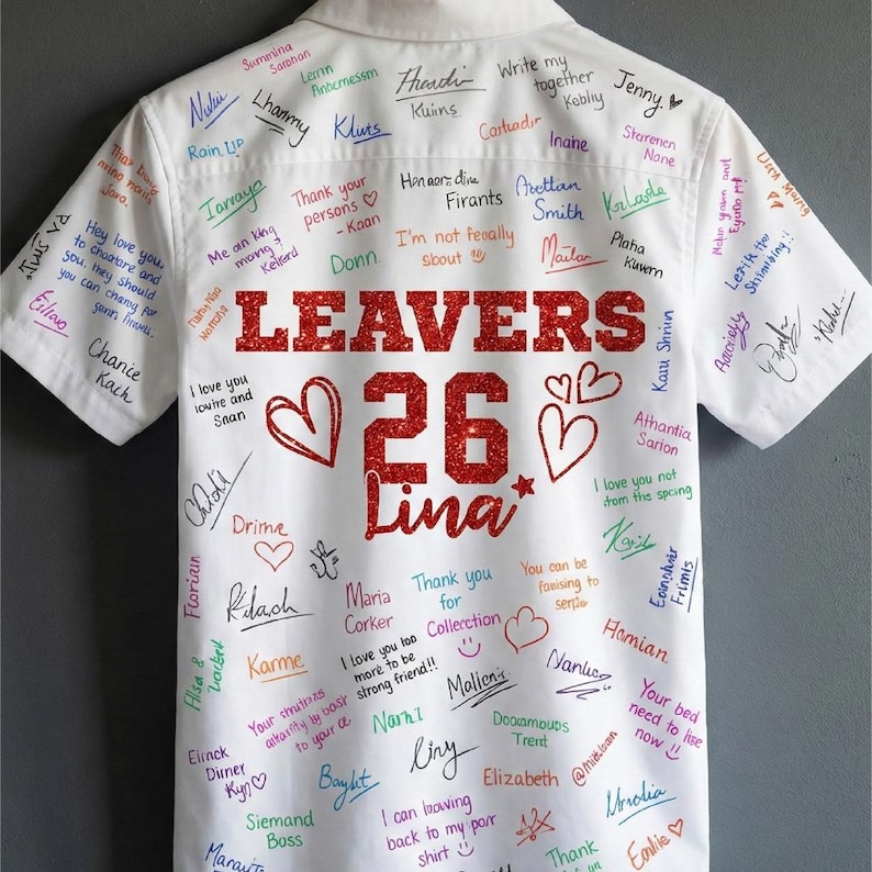 Peut inclure: Chemise blanche &agrave; manches courtes orn&eacute;e de signatures manuscrites multicolores. Le texte "LEAVERS 26 Lina" en paillettes rouges est &eacute;galement pr&eacute;sent. Des c&oelig;urs et des &eacute;toiles sont dessin&eacute;s, probablement un article comm&eacute;moratif.