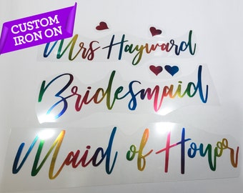 Rainbow Bridesmaid Iron-On Decal, Custom Hen Party Transfer, 28 Colors Personalized Design for T-Shirts, Satin, Dressing Gowns, Bachelorette