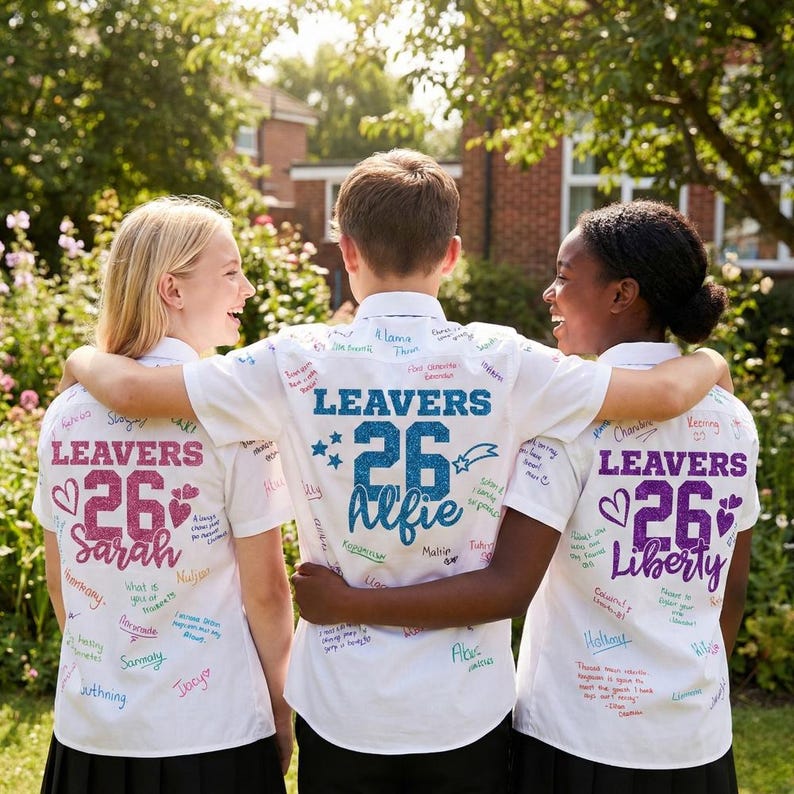 Peut inclure: Trois &eacute;tudiants portant des chemises blanches avec l'inscription "LEAVERS 26" et des noms. Le texte scintillant est rose, bleu et violet. Les &eacute;tudiants sourient et s'embrassent, sur fond vert, probablement une photo de fin d'&eacute;tudes.