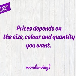 K&ouml;nnte beinhalten: Lilafarbener Text auf einem wei&szlig;en Holzmaserungshintergrund lautet "Prices depends on the size, colour and quantity you want. wondervinyl"