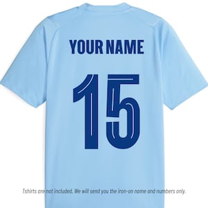 Aangepaste opstrijkbare naam en nummer in Man City-stijl | Manchester City Jersey Nummer Opstrijkbaar | Gepersonaliseerde Premier League Team Kit-naamnummer