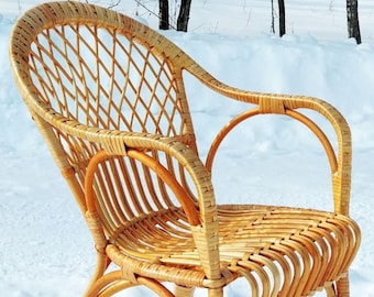 Vintage Rattan Armchair, Handmade Wicker Chair, Natural Boho Furniture, Scandinavian Style Lounge Chair, Bamboo Accent Chair for Living Room