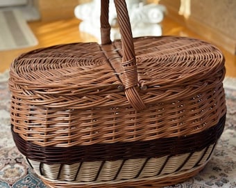 Small Wicker Basket With Lid, Picnic basket, Picnic Wicker Basket, Wicker Market Shopping, Picnic Basket, Wicker Basket, Flower Girl Basket