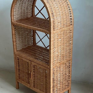 Arch rattan shelf Cabinet with doors, wicker storage shelf, Bookshelf, Plant shelf, Rattan shelf, Bookcase, Homedecor, Natural shelf