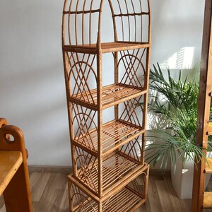 May include: A tall, arched, woven wicker shelf unit with four shelves. The shelf unit is made of natural brown wicker and has a rustic, bohemian style.