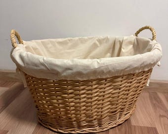 Large Wicker Laundry Basket, Big Laundry Basket with Linen, Handled Oval Basket, Oval Laundry Hamper, Large Storage Basket