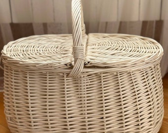 White Picnic basket, Natural wicker picnic/shopping basket, Natural color of wicker, Ecological product, perfect gift for mom, eco product