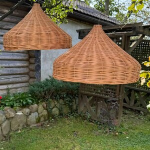 Pu&ograve; includere: Due paralumi a sospensione in vimini marroni appesi a un ramo d'albero in un giardino.