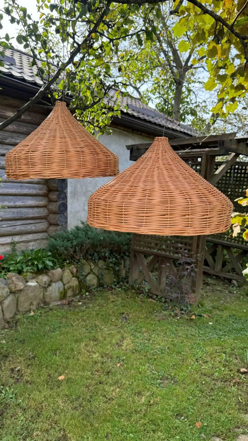 Pu&ograve; includere: Due paralumi a sospensione in vimini marroni appesi a un ramo d'albero in un giardino.