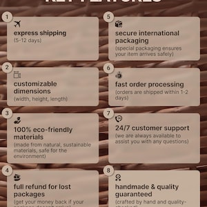 May include: Key features of a product or service, including express shipping, customizable dimensions, eco-friendly materials, fast order processing, 24/7 customer support, full refund for lost packages, and handmade quality.