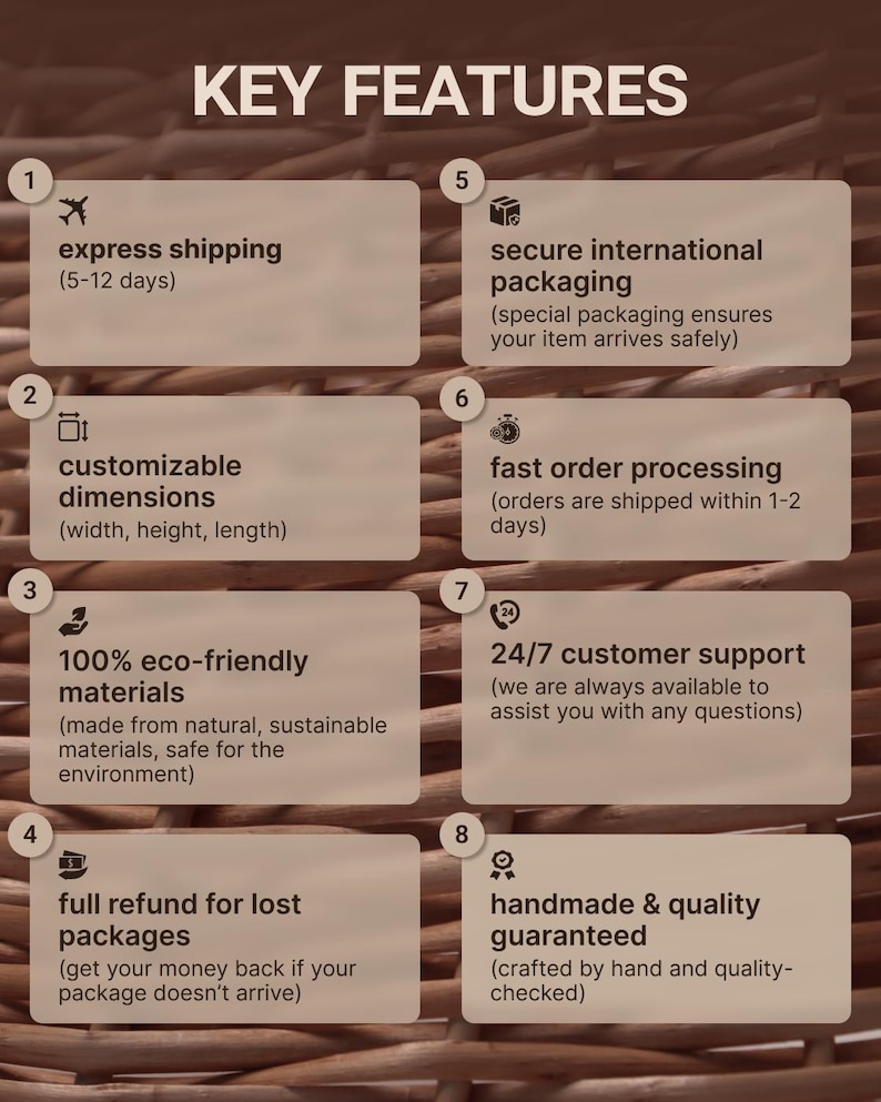 May include: Key features of a product or service, including express shipping, customizable dimensions, eco-friendly materials, fast order processing, 24/7 customer support, full refund for lost packages, and handmade quality.