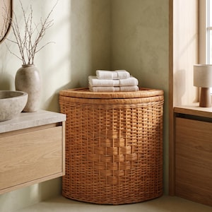 May include: A corner-shaped wicker laundry hamper with a woven texture and a matching lid. The hamper is light brown in color and features a flat top surface where a stack of three folded white towels is placed, creating a functional storage unit.