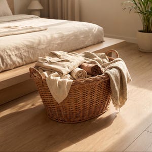 May include: A large, oval-shaped woven wicker basket with two side handles, filled with folded and rolled light beige and tan fabric garments and a textured, fringed throw blanket, showcasing a natural brown wood-toned finish.