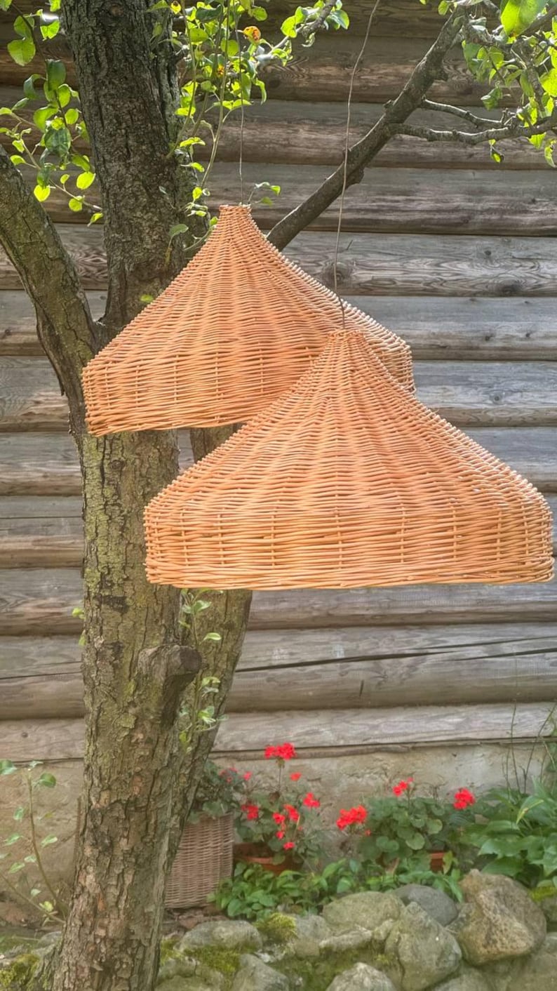Pu&ograve; includere: Due luci a sospensione in vimini intrecciato appese a un ramo di albero di fronte a una parete di legno. Le luci sono di colore marrone chiaro e hanno una forma conica.