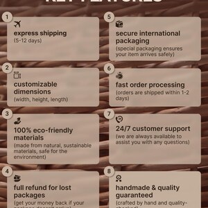 May include: Key features of a product, including express shipping, customizable dimensions, eco-friendly materials, fast order processing, 24/7 customer support, full refund for lost packages, and handmade quality.