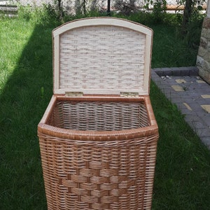 May include: A wicker storage basket with a lid, open and showing the inside of the basket. The basket is brown and has a woven pattern. The basket is sitting on a green lawn.